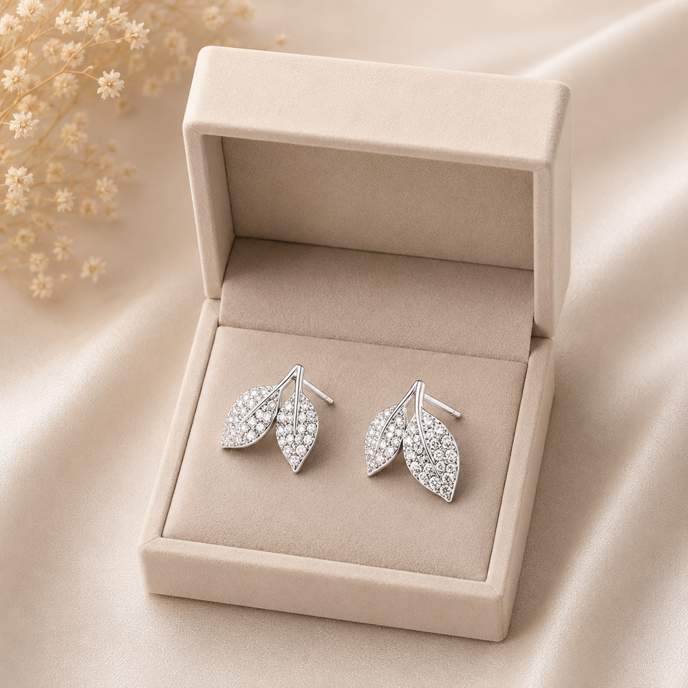 Twin Leaf Pavé Studs Earrings