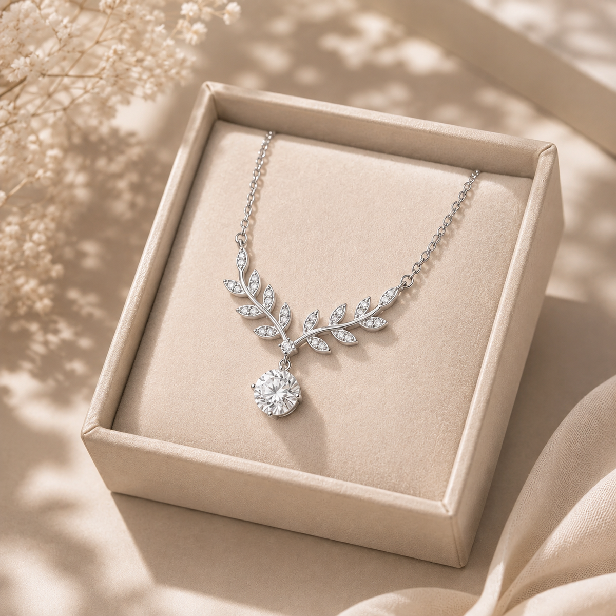 Silver Vine Solitaire Drop Pendant