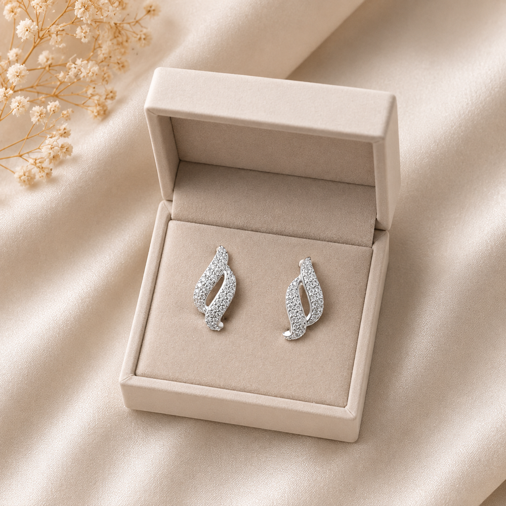 Silver Pavé Leaf Studs Earrings